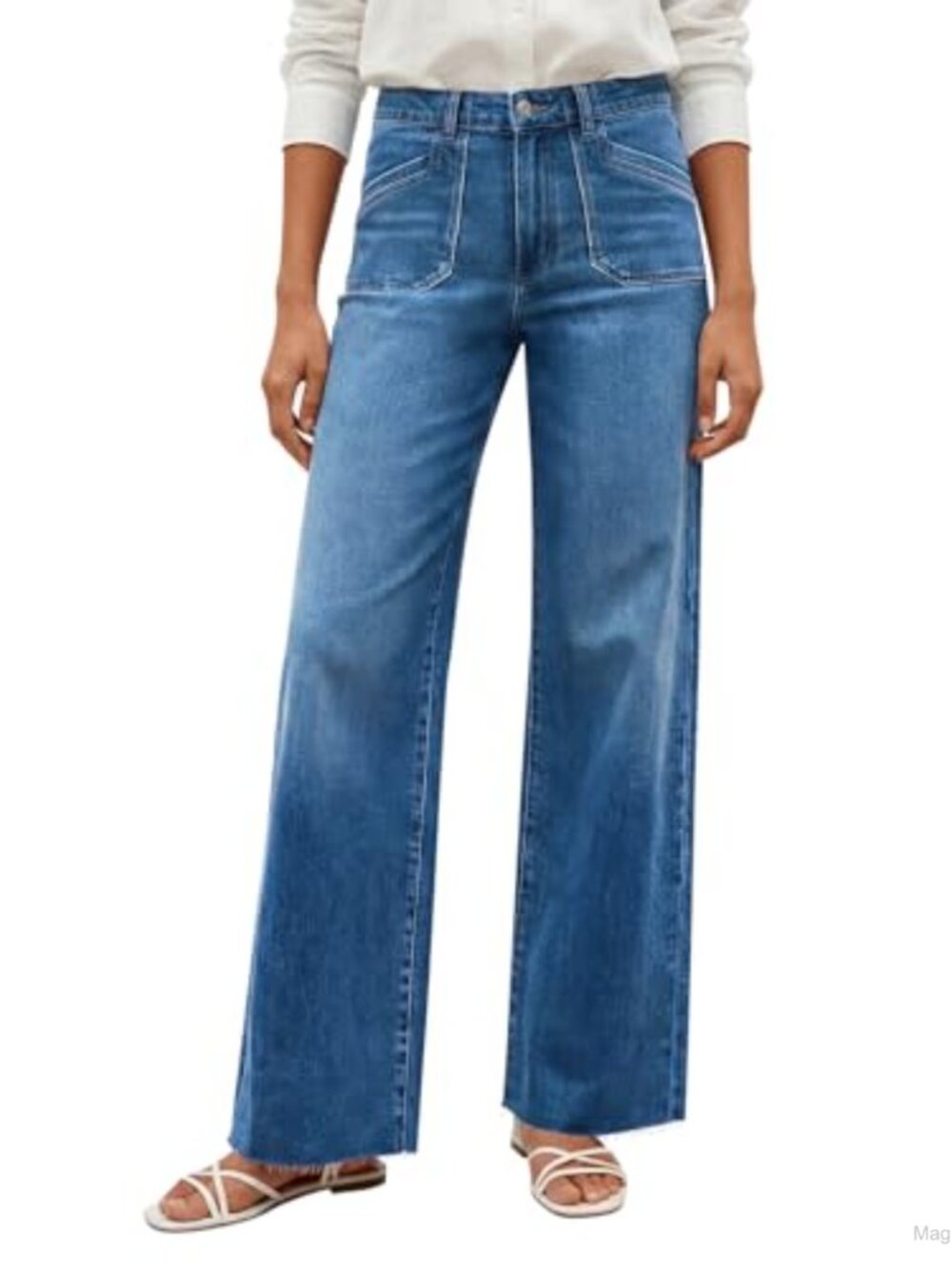 Wide Leg High Waisted Jeans Stretchy Denim Pants Frayed Hem Side Pockets